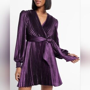 NWT! Express Sz Small Purple Metallic PLEATED Mini Dress Retail $158!